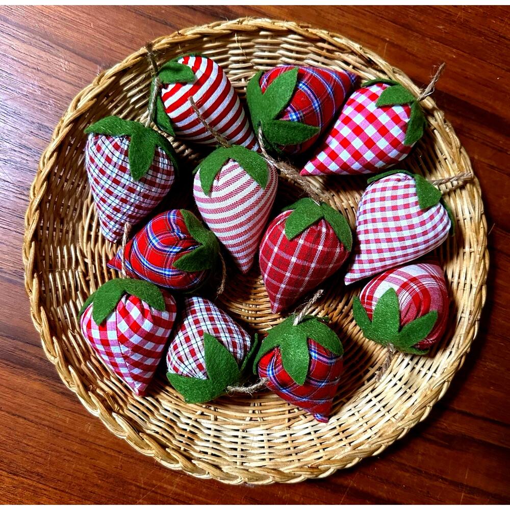 Handmade Group of 12 Primitive Fabric Strawberries Bowl Fillers Red Plaids